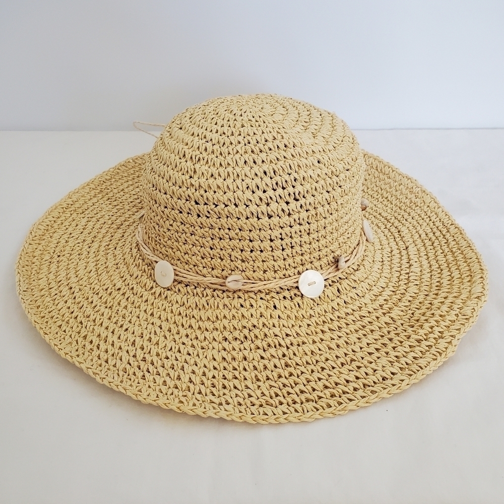 STRAND HEADWEAR WOMEN SUN HAT FLOPPY RAFFIA STRAW PUCA SHELLS BUTTONS COACHELLA